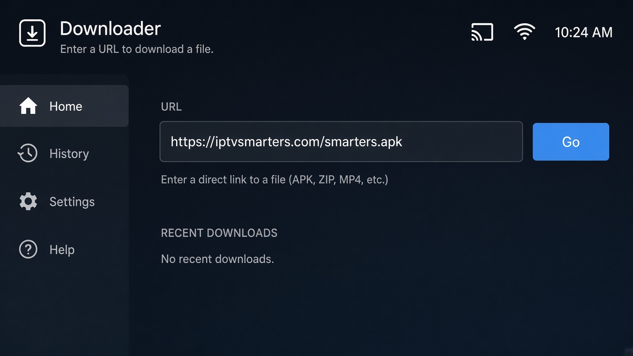Downloader app with IPTV Smarters APK URL