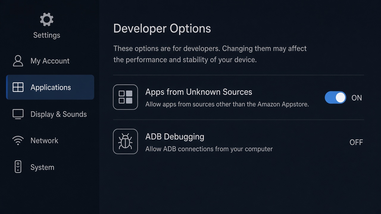Fire TV Developer Options with Apps from Unknown Sources enabled