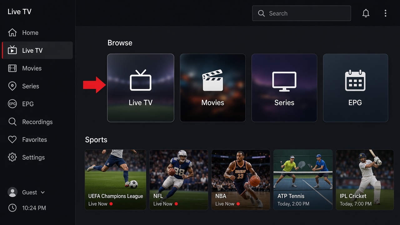 Live TV, movies and series tiles in the IPTV player