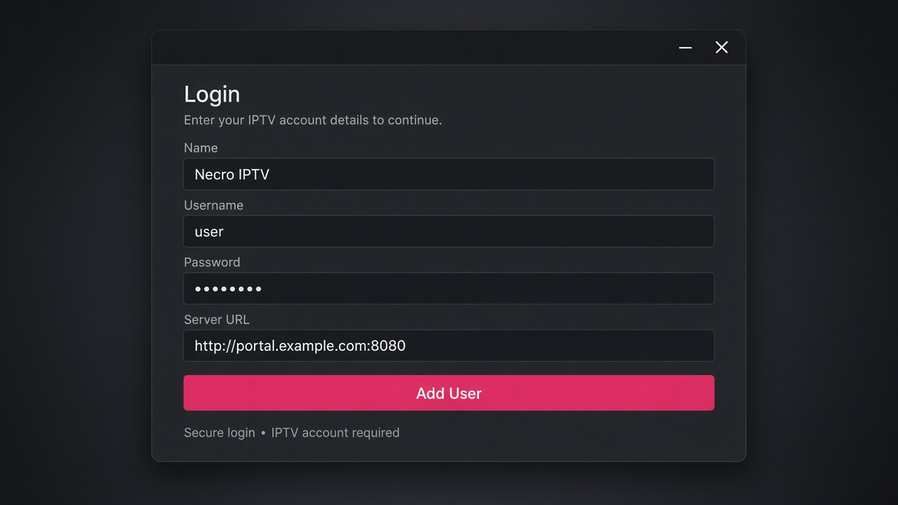 Xtream Codes API login form with name, username, password and URL